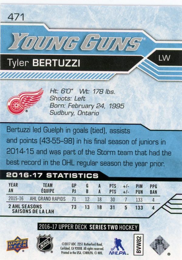 Tyler Bertuzzi 2016-17 UD Series 1 Young Guns #471