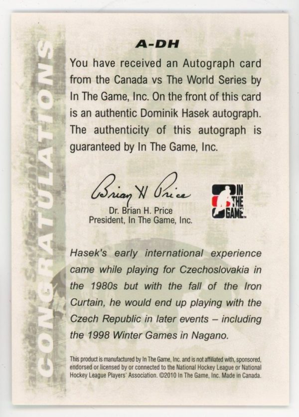 Dominik Hasek 2011-12 ITG Canada Vs The World Autograph A-DH
