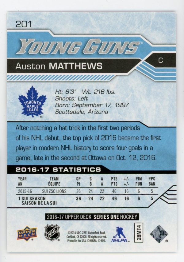Auston Matthews 2016-17 UD Series 1 Young Guns #201