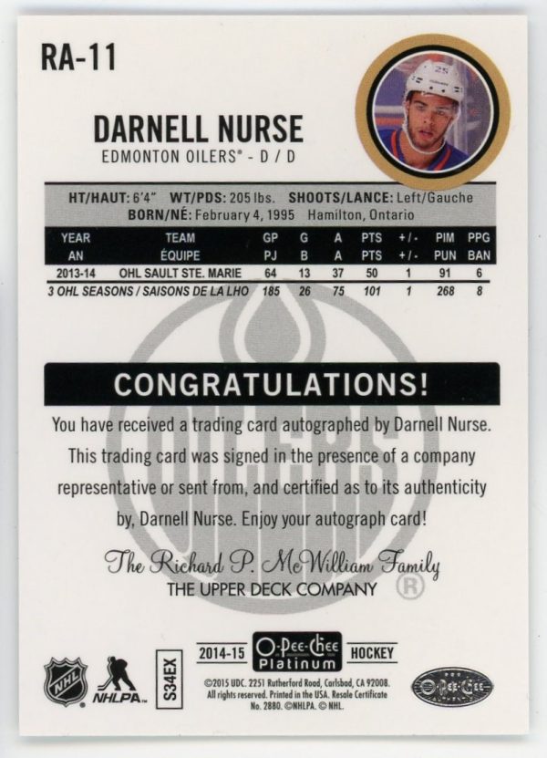 Darnell Nurse 2014-15 OPC Platinum Rookie Card Auto