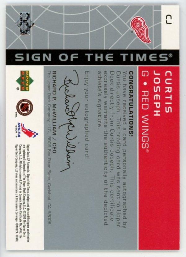 Curtis Joseph 2002-03 SP Authentic Sign of the Times Auto