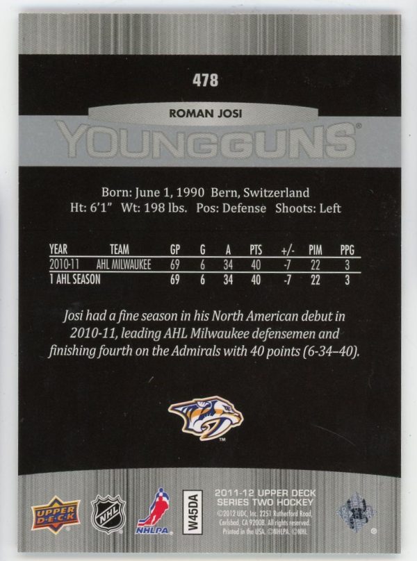 Roman Josi 2011-12 Series 2 Young Guns Rookie Card
