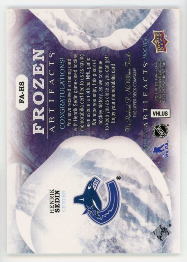 Henrik Sedin 2016-17 UD Frozen Artifacts Jersey Card FA-HS