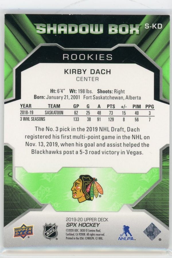 Kirby Dach 2019-20 UD SPX Shadow Box Rookie Card S-KD
