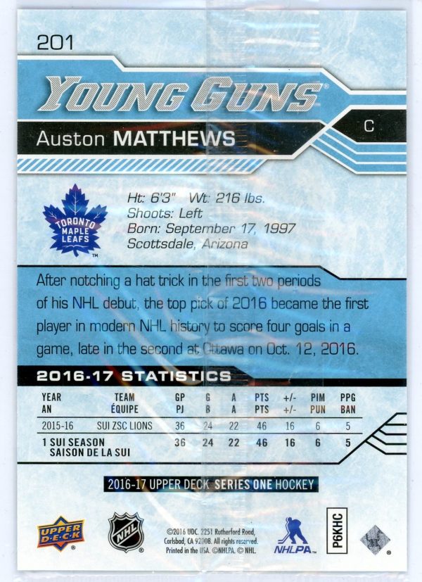 Auston Matthews 2016-17 UD Young Guns Oversized Rookie Card #201