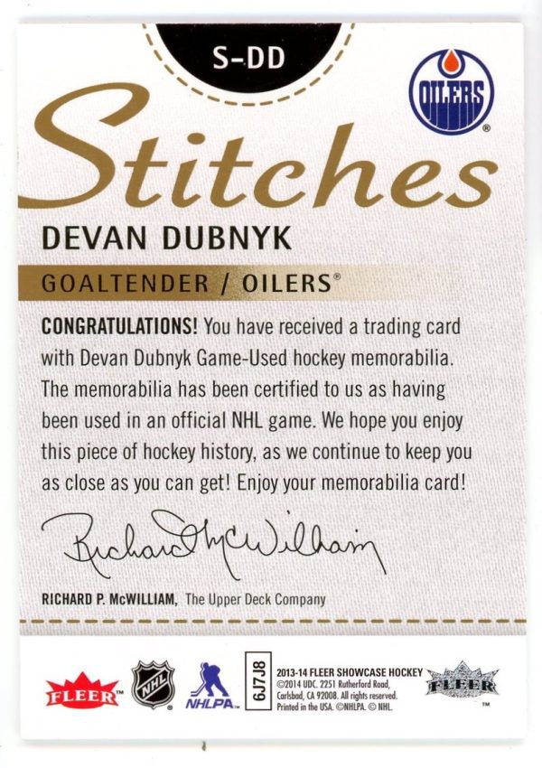 Devan Dubnyk 2013-14 Fleer Showcase Stitches Jersey S-DD