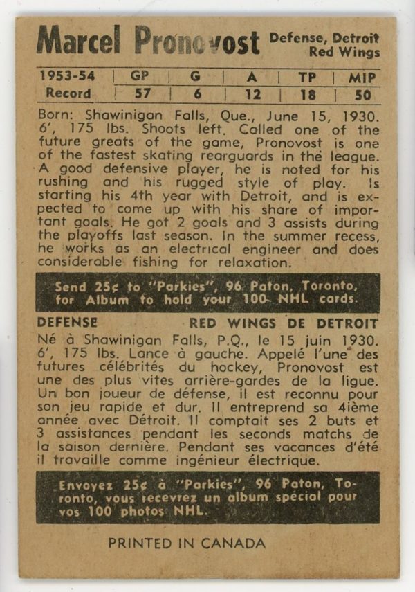 Marcel Pronovost 1954-55 Parkhurst Hockey Card #34