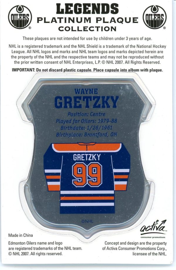 Wayne Gretzky 2007 Edmonton Journal Oilers Legends Plaque