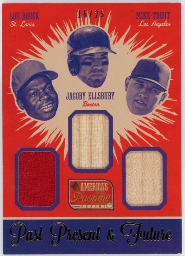 Mike Trout Lou Brock Jacoby Ellsbury 2014 America's Pastime /25 Relic Card #PF-LB