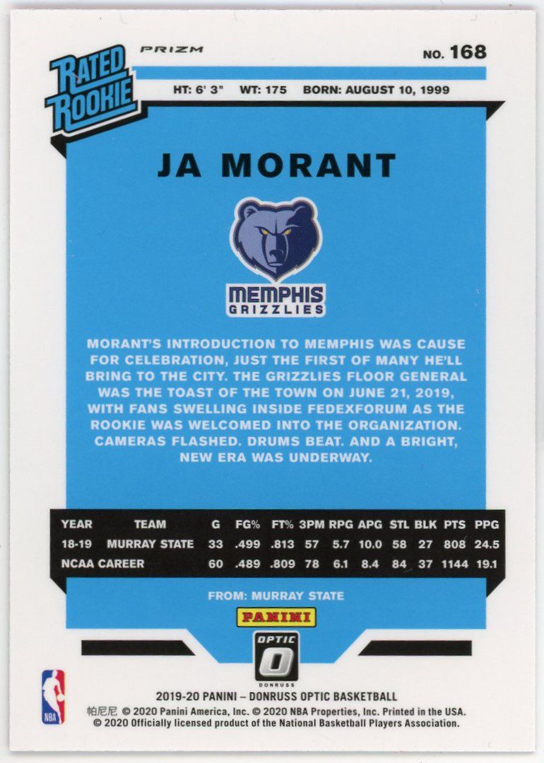 Ja Morant Autographed 2019-20 Donruss Optic Rated Rookies Rookie Card #168  Memphis Grizzlies Auto Grade Gem Mint 10 Beckett BAS Stock #220779