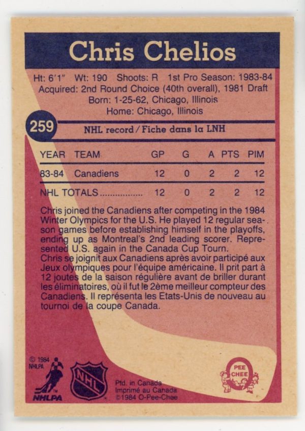 Chris Chelios 1984-85 OPC Rookie Card #259