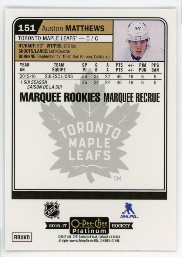 Auston Matthews Maple Leafs 2016-17 OPC Platinum Marquee Rookies RC #151