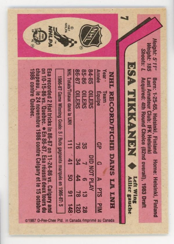 Esa Tikkanen 1987-88 OPC Rookie Card #7