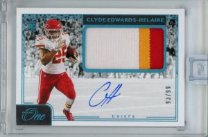 2020 Clyde Edwards-Helaire Panini One Blue RPA /99 Card #21