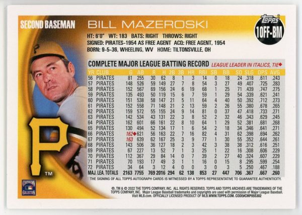 Bill Mazeroski 2022 Topps Archives Auto Card #1OFF-BM