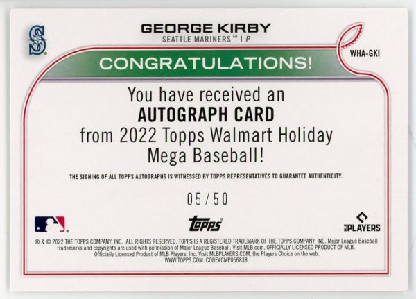 2022 George Kirby Topps Holiday Rookie Card Auto /50 Card #WHA-GKI