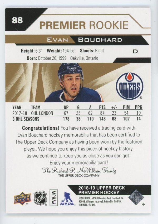 Evan Bouchard 2018-19 UD Premier Rookie Jersey Card #88
