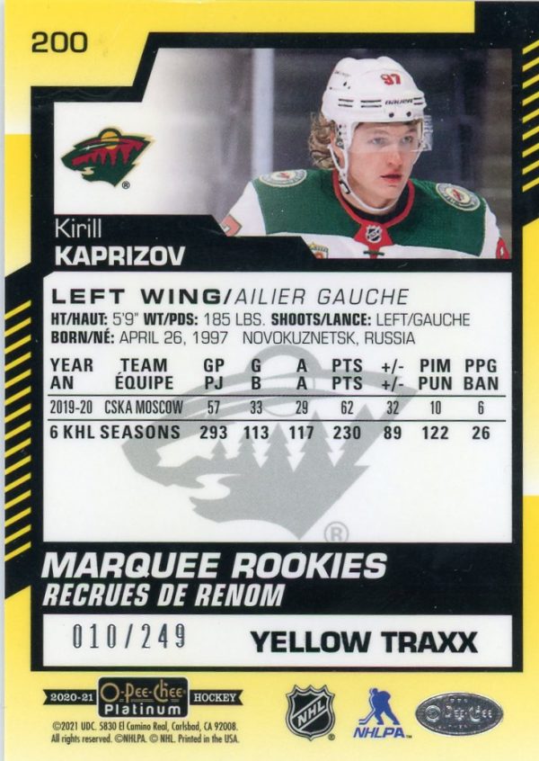 Kirill Kaprizov 2020-21 Platinum Marquee Rookie Yellow Traxx /249 #200