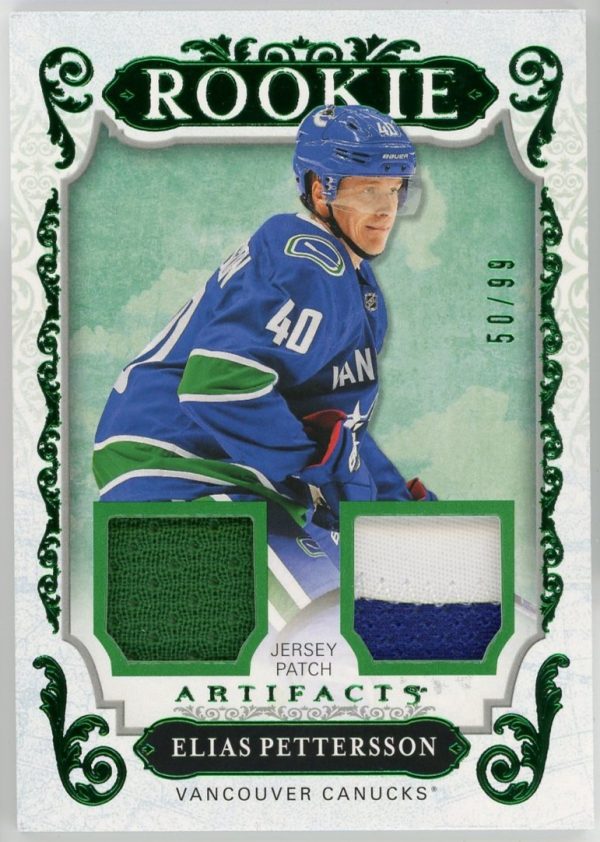 2018-19 Elias Pettersson UD Artifacts /99 Emerald Dual Patch RC