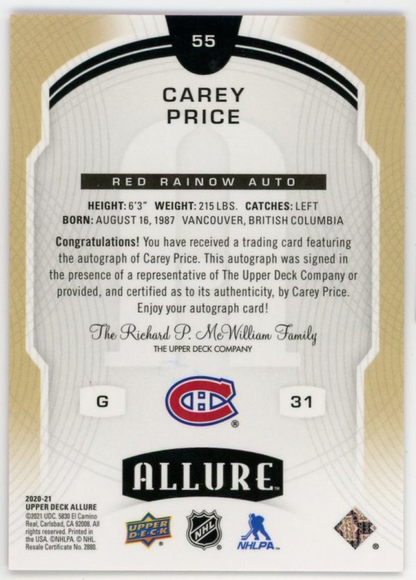 Carey Price Canadiens 2020-21 Allure RED Rainbow Auto Card #55