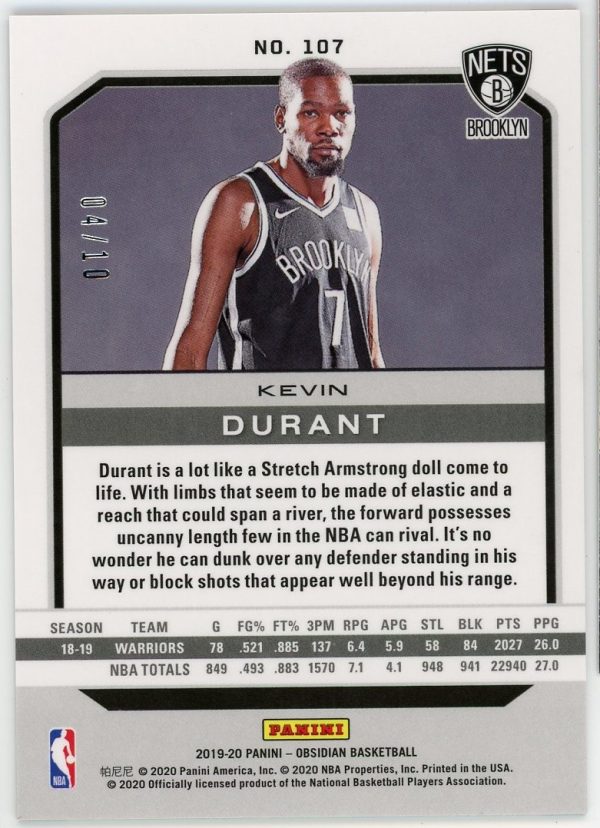 Kevin Durant Nets 2019-20 Obsidian Electric Etch Yellow 4/10 Card #107