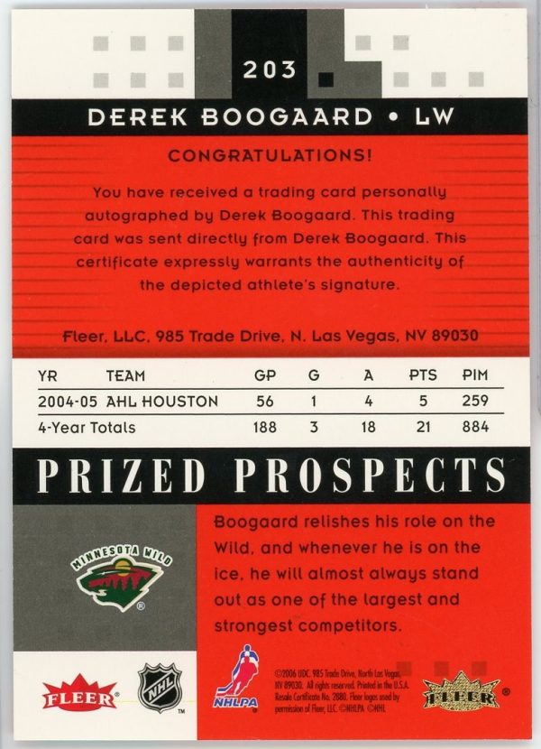 Derek Boogaard 2005-06 Fleer Hot Prized Prospects Red Auto /50 #203