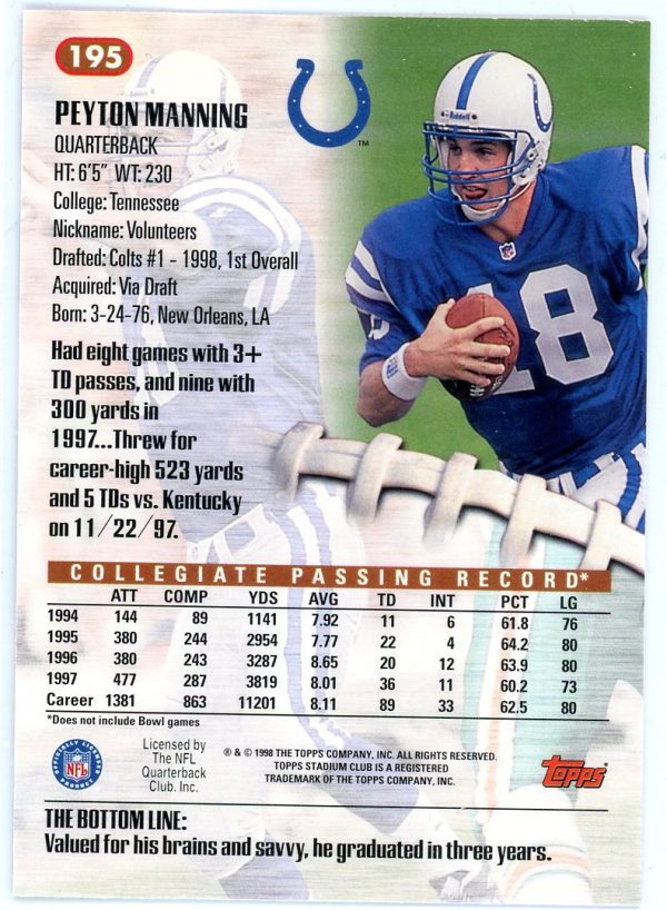 Peyton Manning 1998 Topps Stadium Club Rookie Card #195