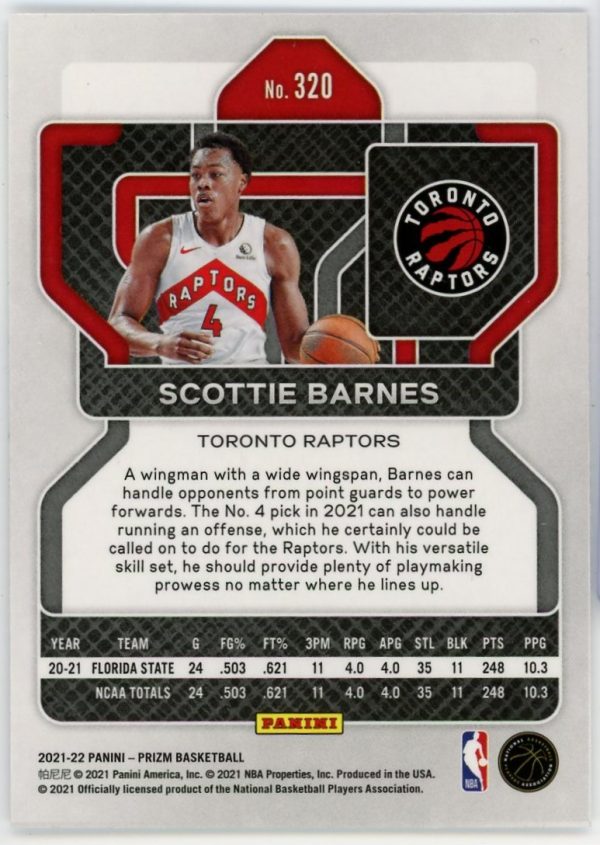 Scottie Barnes Raptors 2021-22 Panini Prizm RC Rookie Card #320