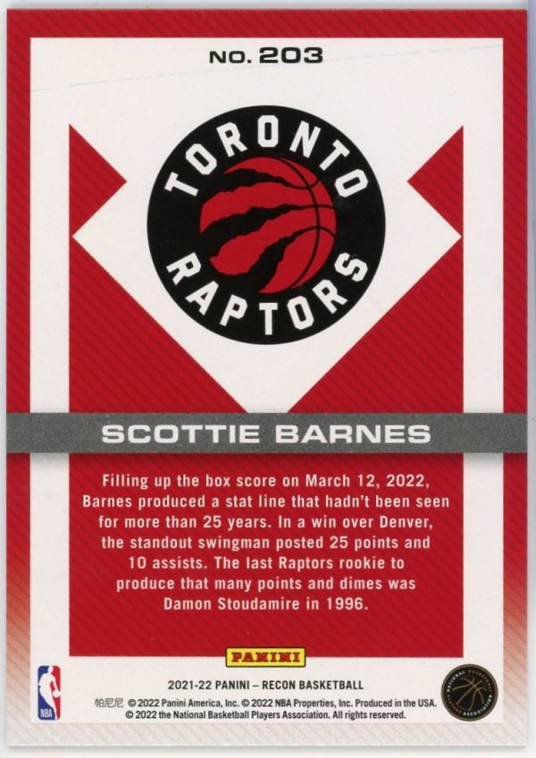 Scottie Barnes Raptors 2021-22 Recon Red Holo RC /199 Rookie Card #203