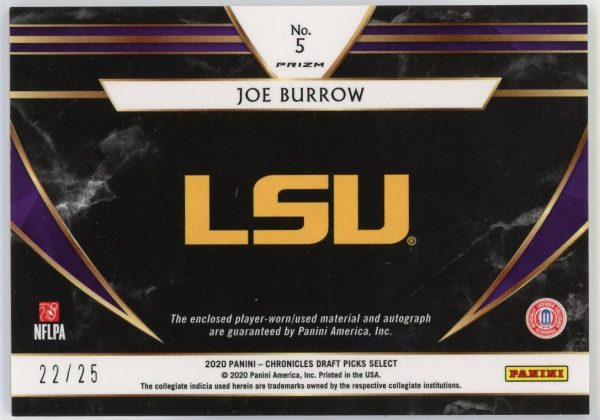 Joe Burrow LSU 2020 Select Draft Picks Purple RPA Patch Auto /25 RC #5