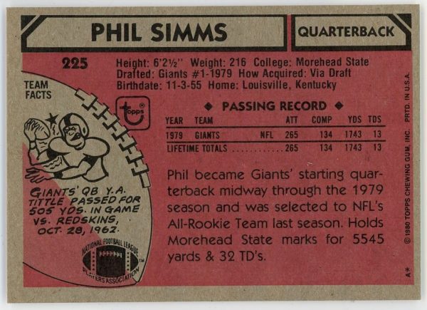 Phil Simms Giants 1980 Topps Football RC Rookie Card #225 HOF