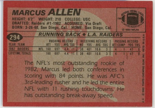 Marcus Allen Raiders 1983 Topps Football RC Rookie Card #294