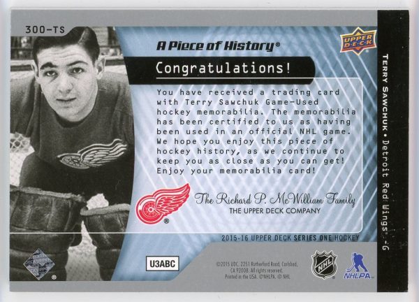 Terry Sawchuk 2015-16 Upper Deck A Piece Of History Relic #300-TS