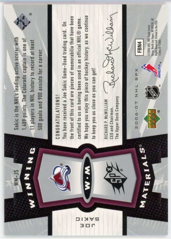 Joe Sakic 2006-07 Upper Deck SPX Winning Materials /99 #WM-JS