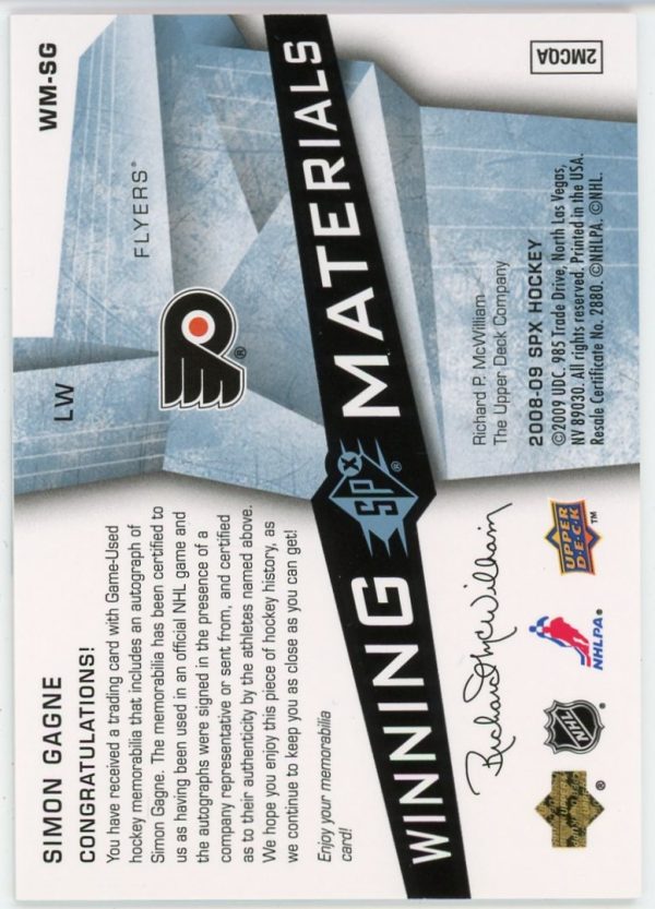 Simon Gagne 2008-09 Upper Deck SPX Winning Materials Jersey/Auto /25 #WM-SG