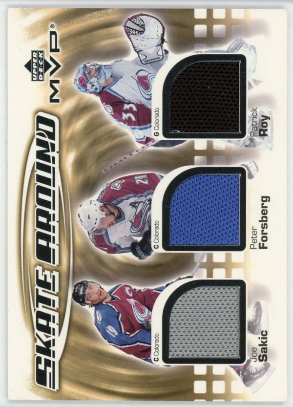 Sakic, Forsberg, Roy 2002 Upper Deck MVP Skate Around Triple Jersey #ST-SFR