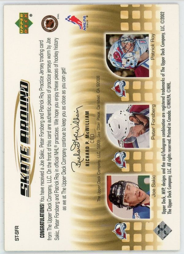 Sakic, Forsberg, Roy 2002 Upper Deck MVP Skate Around Triple Jersey #ST-SFR