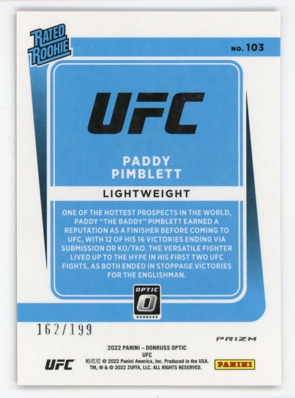 Paddy Pimblett 2022 Donruss Optic UFC Red /199 Rated Rookie #103