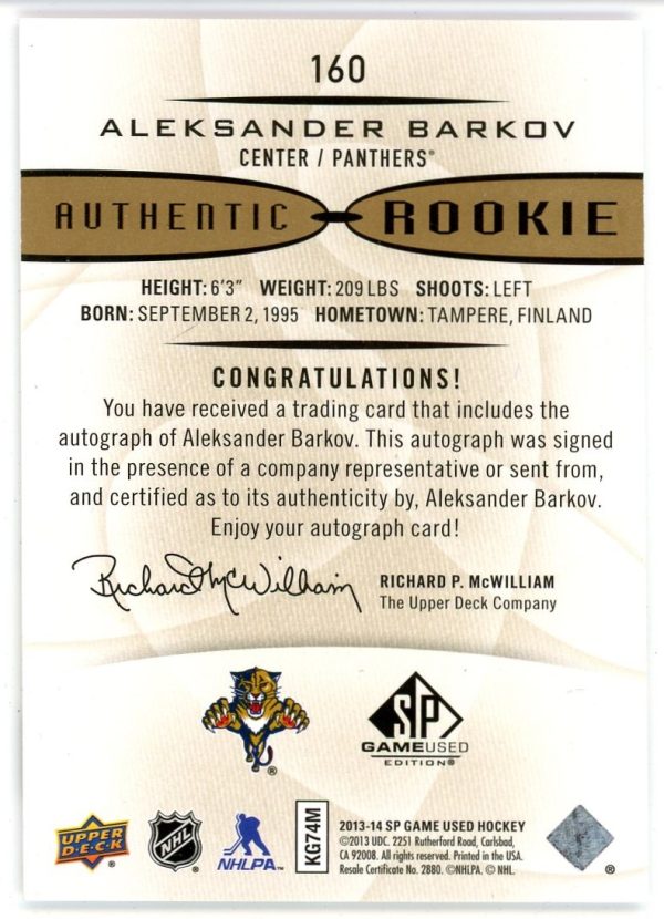 Aleksander Barkov 2013-14 UD SP Game Used Authentic Rookie Auto #160