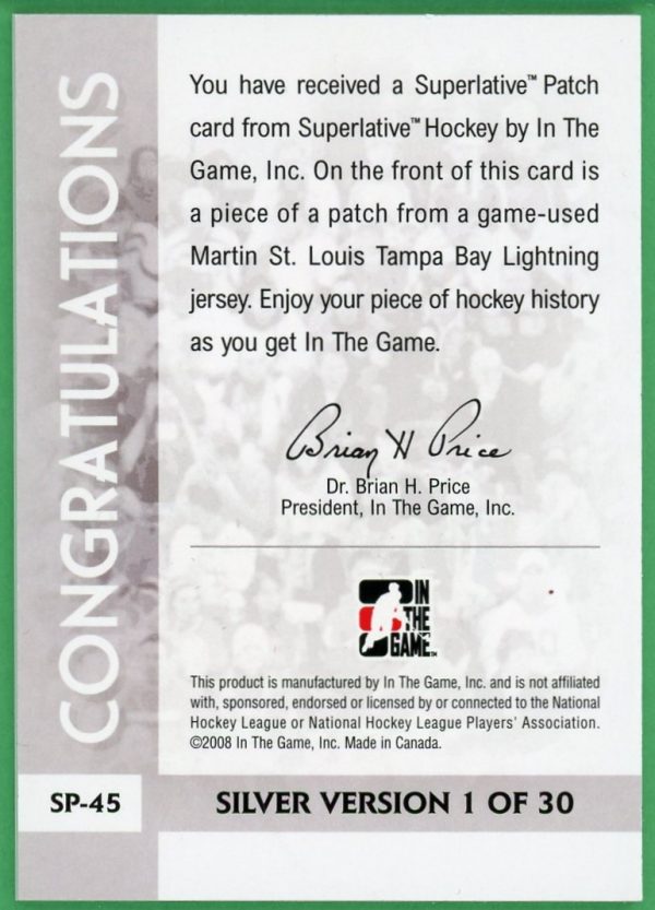 Martin ST. Louis 2008 In The Game Superlative Patch /30 #SP-45