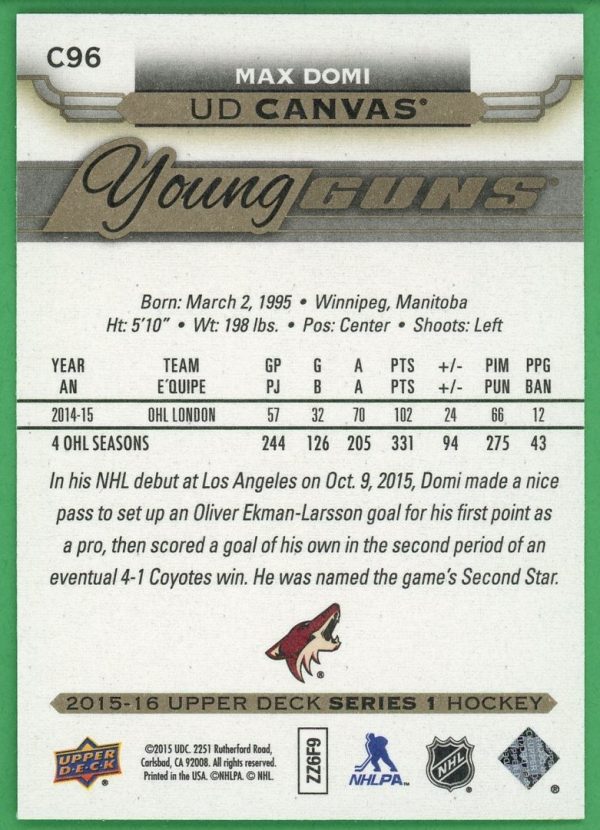 Max Domi 2015-16 Upper Deck Series 1 Young Guns Canvas #C96