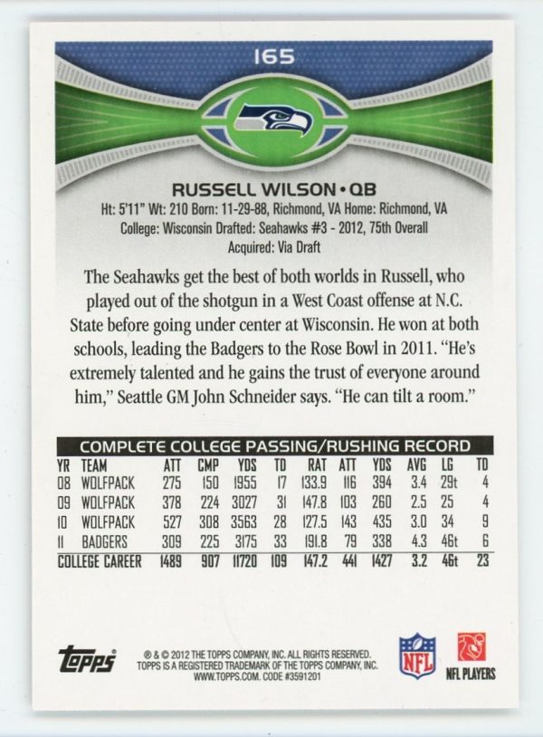 Russell Wilson 2012 Topps Football Rookie Card #165