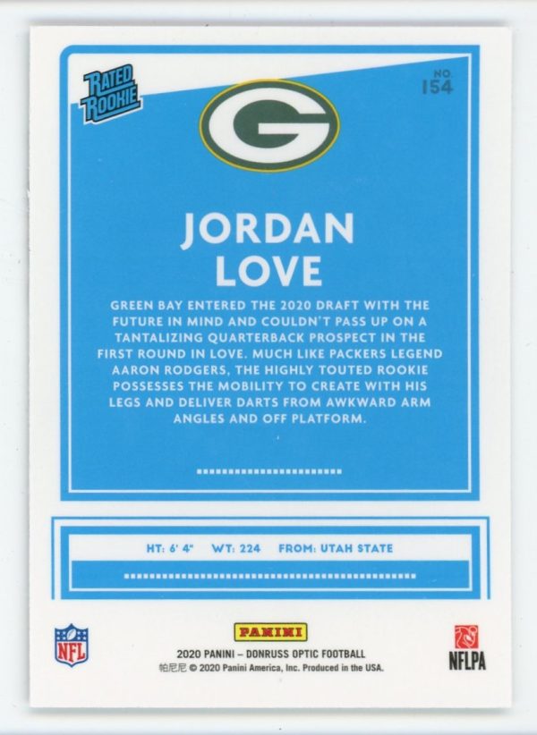 Jordan Love 2020 Panini Donruss Optic Rated Rookie Card #154