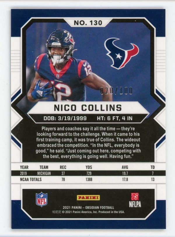 Nico Collins 2021 Panini Obsidian Rookie Card 020/100 #130