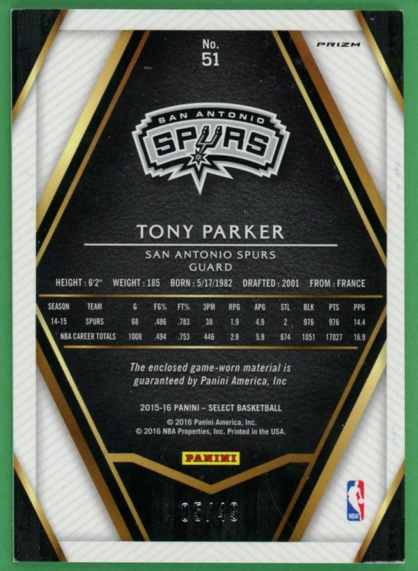 Tony Parker 2015-16 Panini Select Orange Jersey Card /49 #51