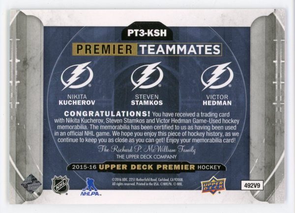 Kucherov/Stamkos/Hedman 2015-16 UD Premier Teammates Trio 96/99 #PT3-KSH