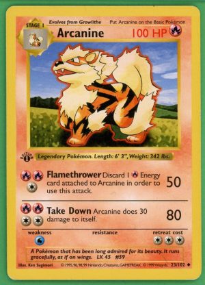 Arcanine Pokemon Base Set 1st Edition Shadowless 23/102