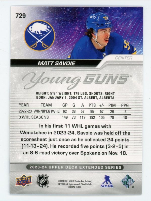 Matt Savoie 2023-24 Upper Deck Young Guns Rookie Card #729