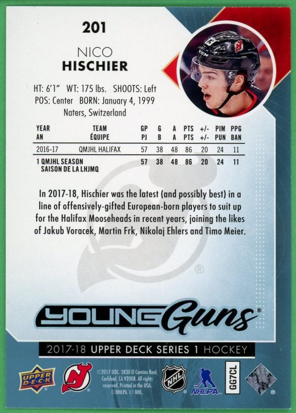 Nico Hischier 2017-18 Upper Deck Series 1 Young Guns #201