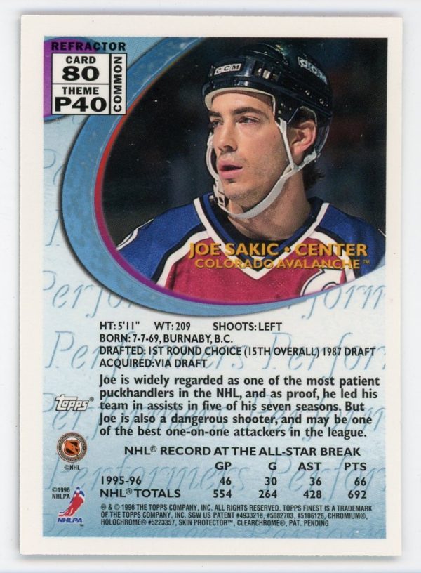 Joe Sakic 1995-96 Topps Finest Performers Refractor #80